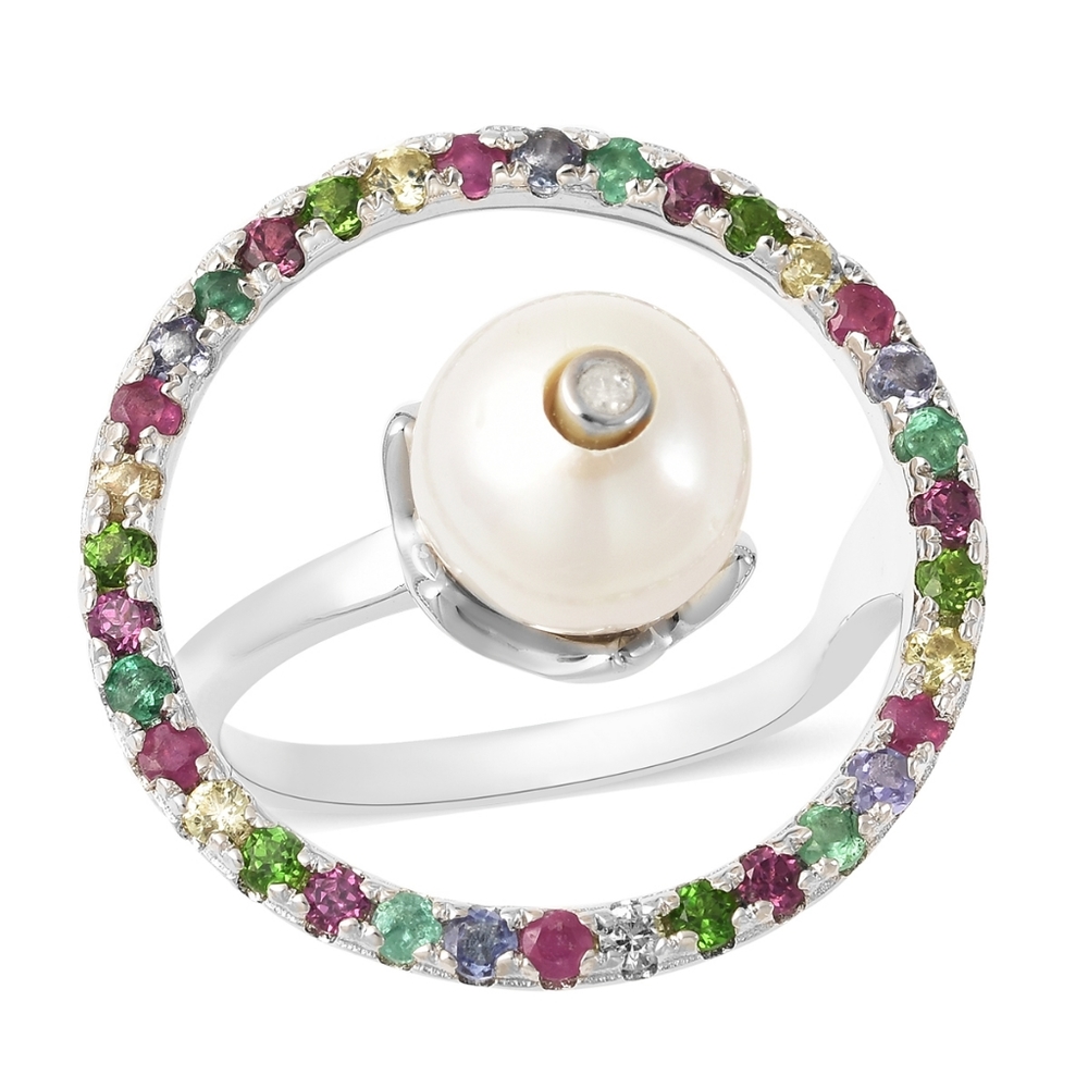 🔥PRICE CUT🔥NWT PEARL, MULTIGEMSTONE & DIAMOND RING IN STERLING SILVER SZ 7.0